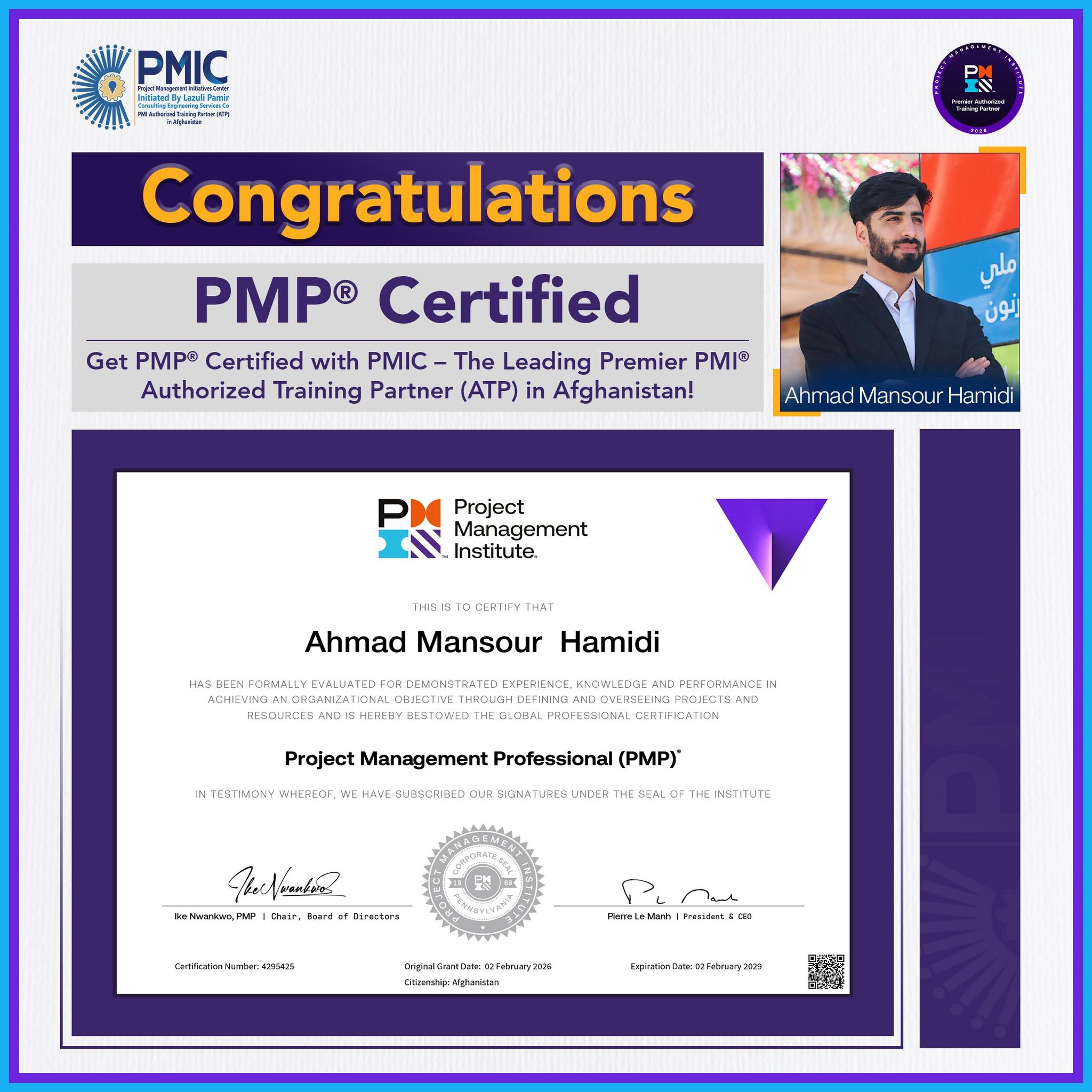 Mr. Ahmad Mansour Hamidi Passes PMP® Exam – PMIC S...