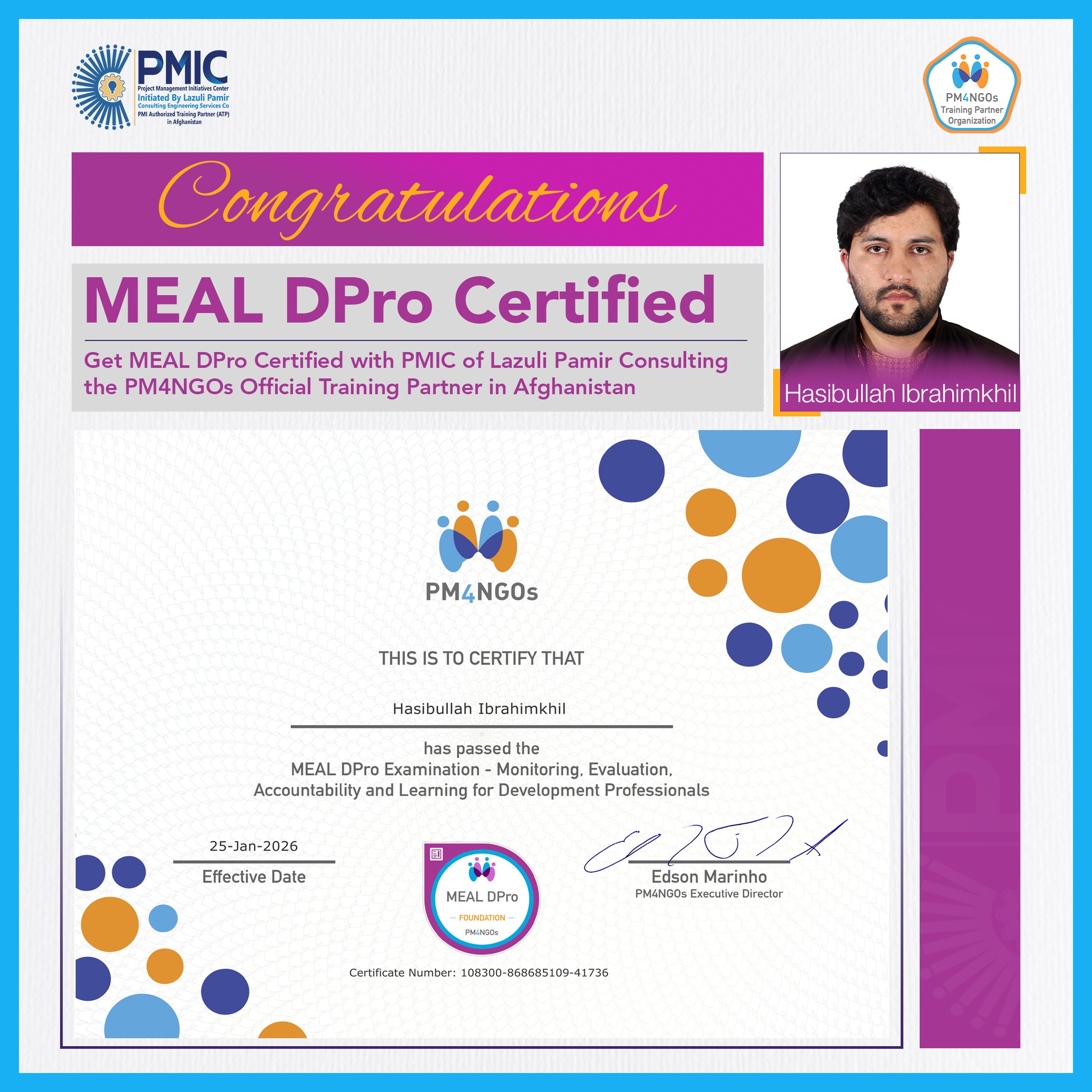 Mr. Hasibullah Ibrahimkhil Earns MEAL DPro® Certif...