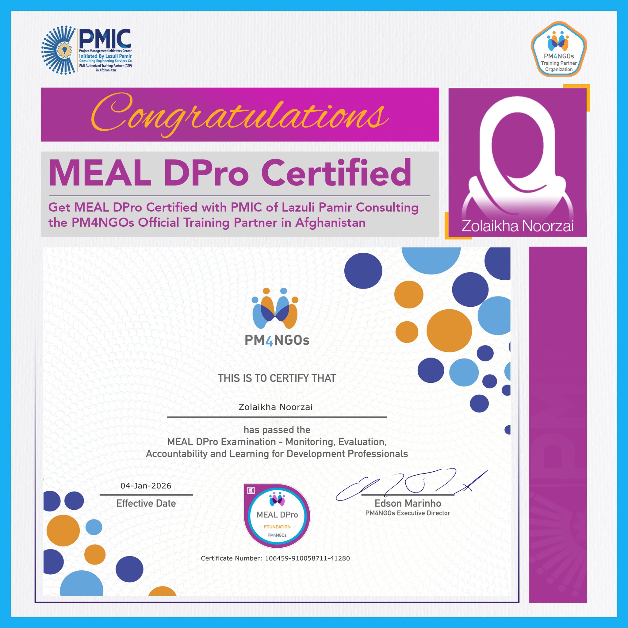 Ms. Zolaikha Noorzai Achieves MEAL DPro® Certifica...