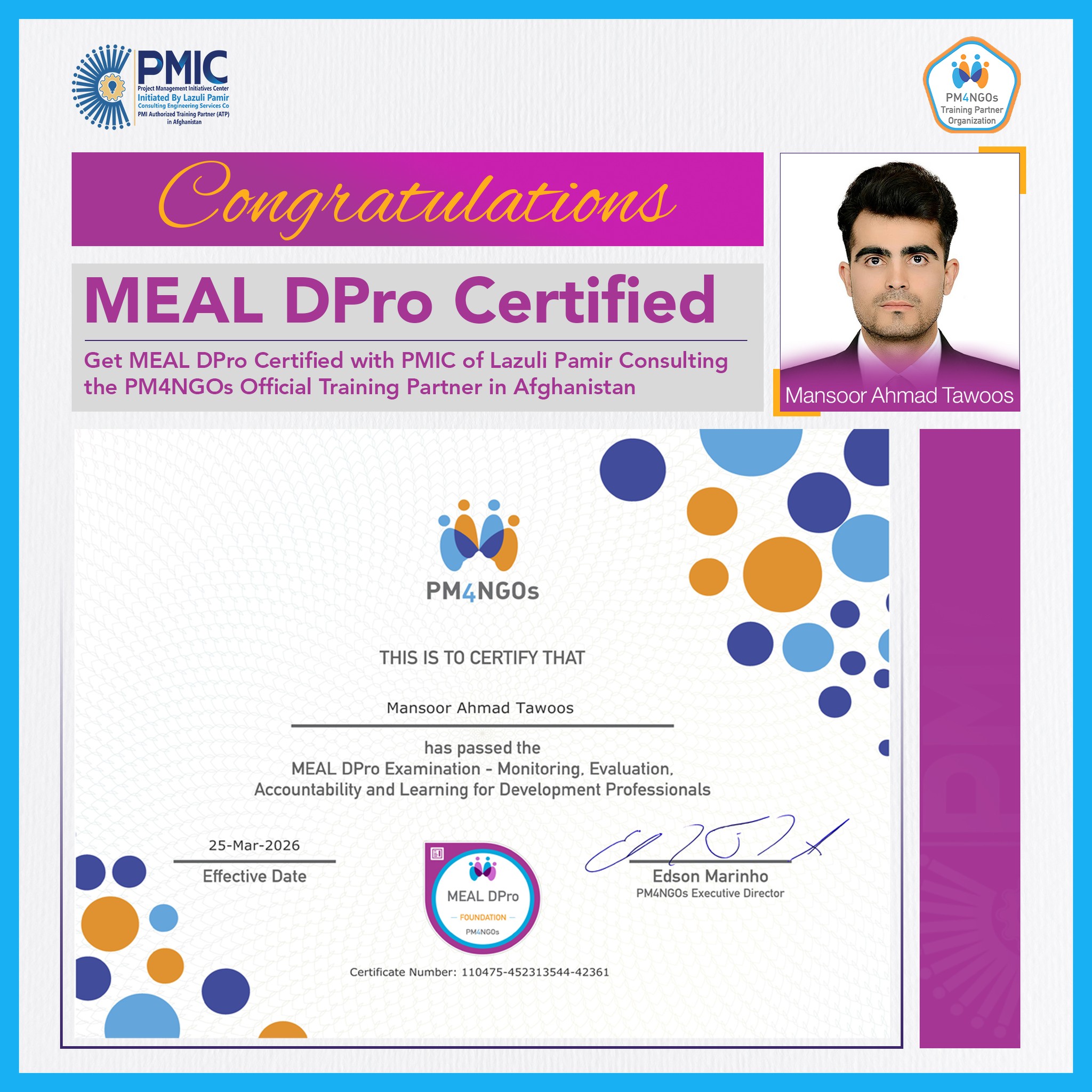 MEAL DPro Certified – Congratulations to Mansoor A...
