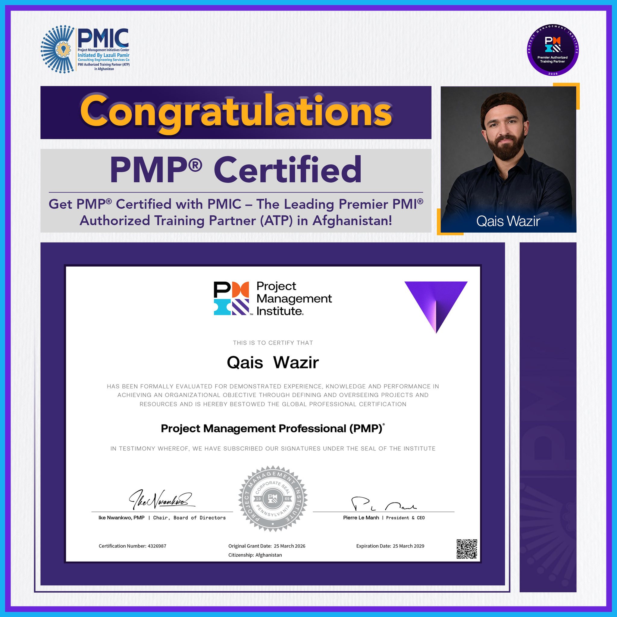 PMP® Certified – Congratulations to Qais Wazir