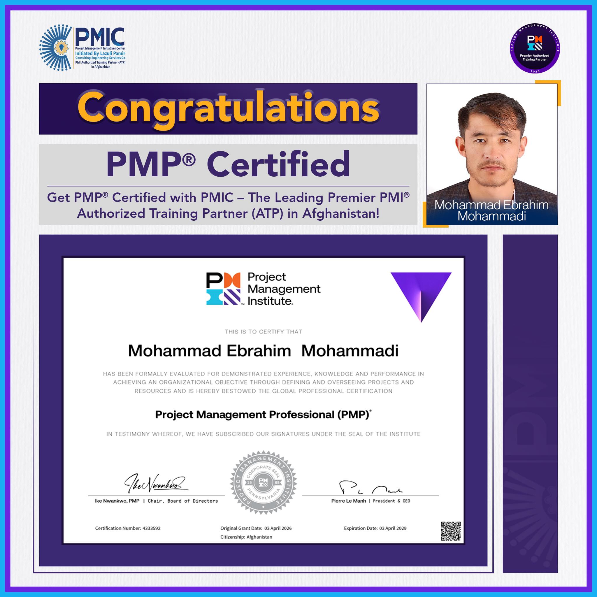 PMP® Certified – Congratulations to Mohammad Ebrah...